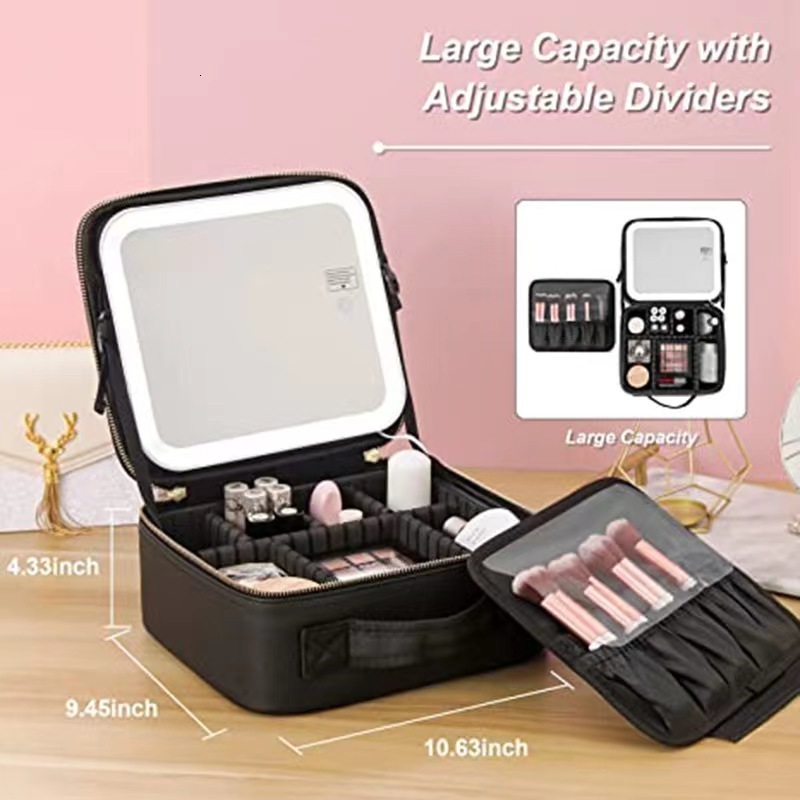 Compact Mirrors Smart LED Cosmetic Case with Mirror Travel Makeup Bags Large Capacity Fashion Simple PU Leather Casual for Weekend Vacation 230905