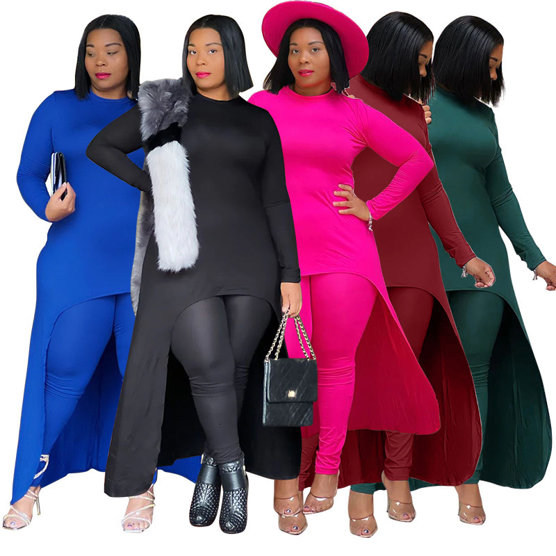 Women's Plus Size Tracksuits Autumn Fashion Solid Color Two Piece Set Women Casual Round Neck Long Sleeve Irregular Top Tight Pants Suit 230905