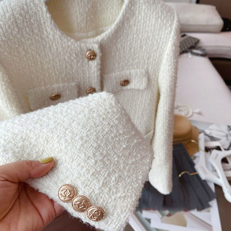 Women's Wool Blends Chic Tweed Coat Female Elegant O Neck Cropped Jacket Women Spring Fall Luxruy Korean Fashion pocket white Outwear Clothing 23