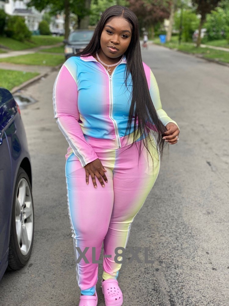 Women's Plus Size Tracksuits Clothe L5xl 2 Piece Set Gradient Patchwork Zip Top Sport Pants Fitness Outfit Activewear Wh 3xl 4xl 5xl 6xl 230905