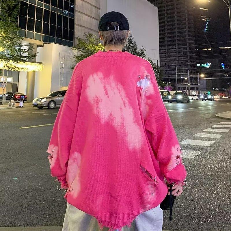 Men's Sweaters Hip Hop Hole Oversized Sweater Y2k Pullovers Unisex Tie Dye Pins Ripped High Street Winter Harajuku Jumpers BF 230905