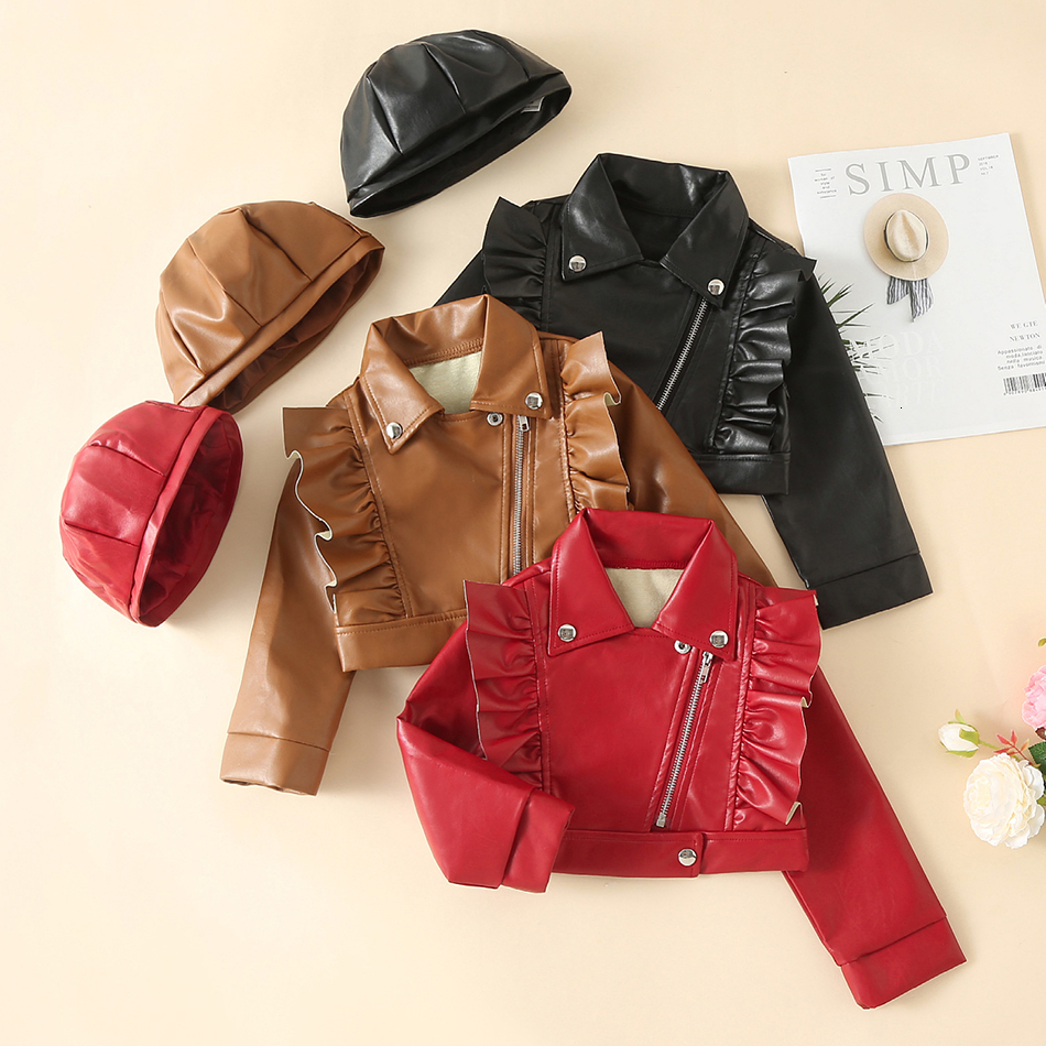 Jackets Toddler Children Solid Color Lapel Leather Hat Baby Girl Spring Autumn Winter PU Coat Fashion Girls Outwear 230906