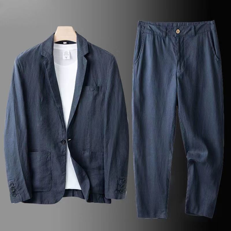 Linen Tracksuits for Men Spring Autumn 2024 Fashion Two Piece Set Blazer Jacket Pants Breathable Casual Slim Fit Business Clothing 230906