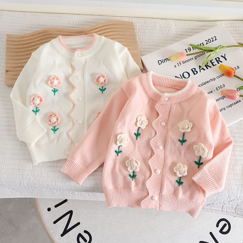 Pullover 2 6 Years Kids Girl Cardigan Floral Decoration Baby Winter Clothes Sweater Korean Style Girls Children's Sweaters 230905