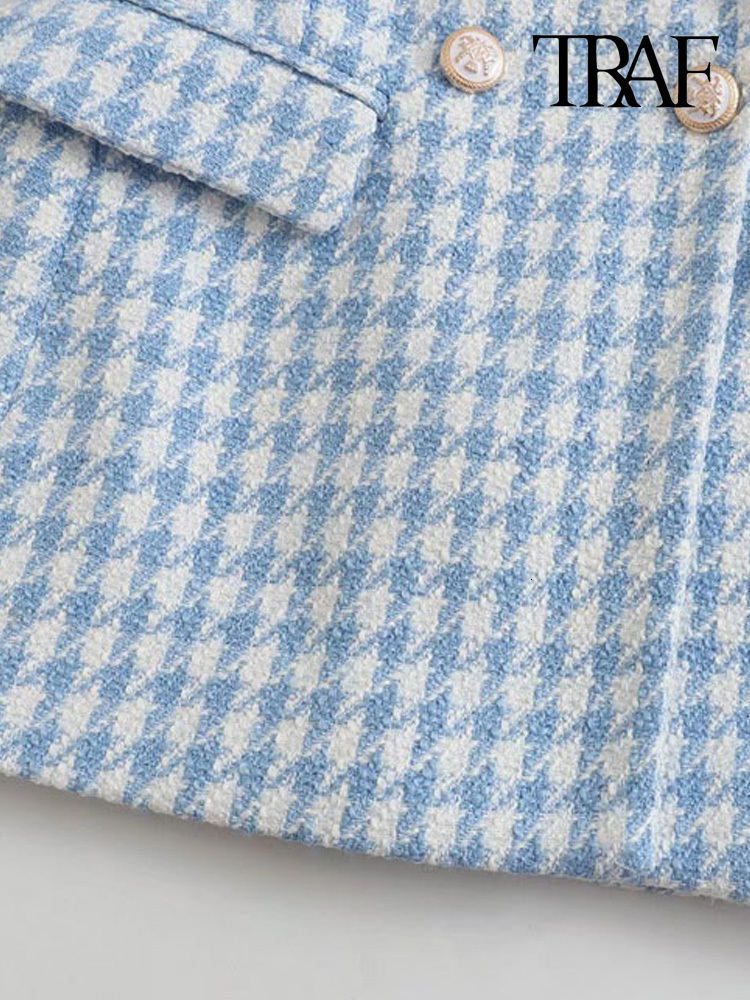 Women's Suits Blazers TRAF Women Fashion Houndstooth Double Breasted Tweed Blazer Coat Vintage Long Sleeve Flap Pocket Female Outerwear Chic Vest