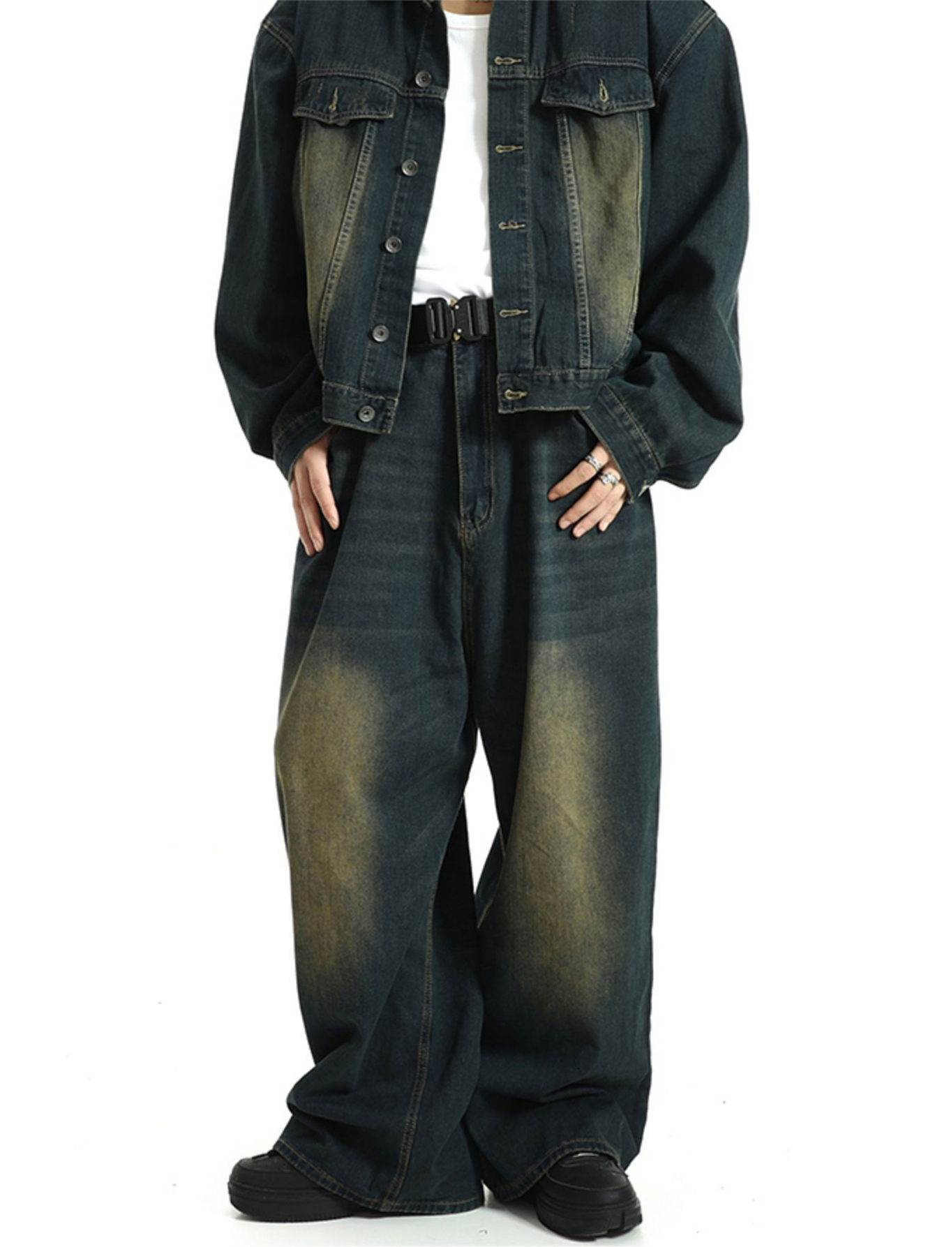 Men's Jeans REDDACHiC Green Wash 90s Skater Men Baggy Jeans Brushed Adjust-waist Wide Leg Y2k Vintage Denim Pants Oversized Hip Hop Trousers 2309