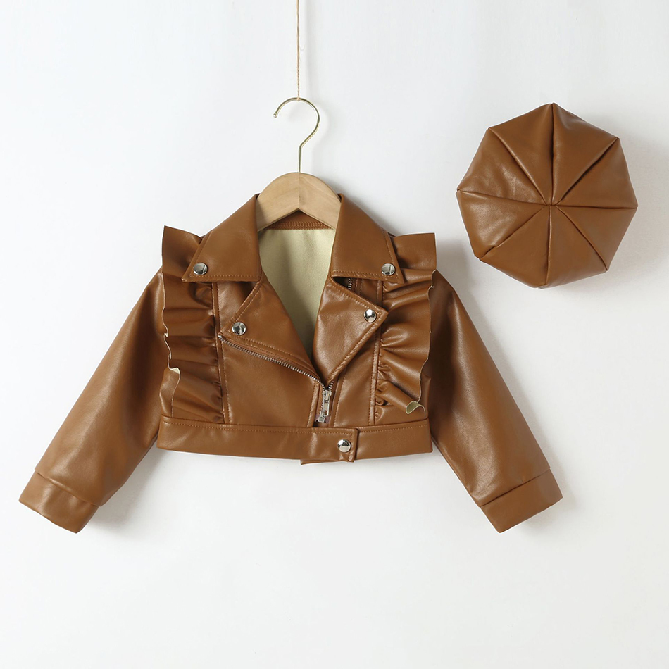 Jackets Toddler Children Solid Color Lapel Leather Hat Baby Girl Spring Autumn Winter PU Coat Fashion Girls Outwear 230906