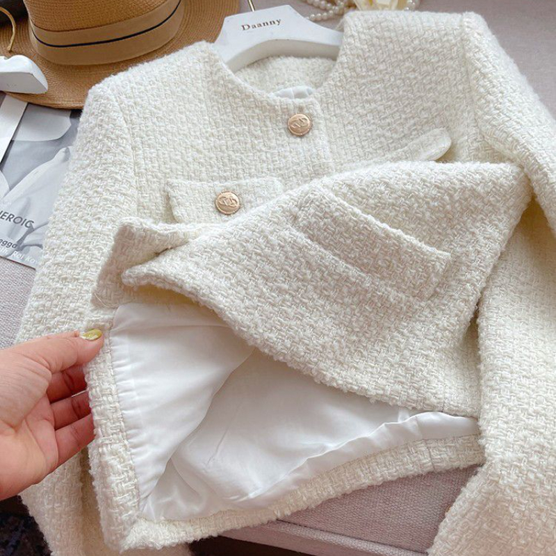 Women's Wool Blends Chic Tweed Coat Female Elegant O Neck Cropped Jacket Women Spring Fall Luxruy Korean Fashion pocket white Outwear Clothing 23