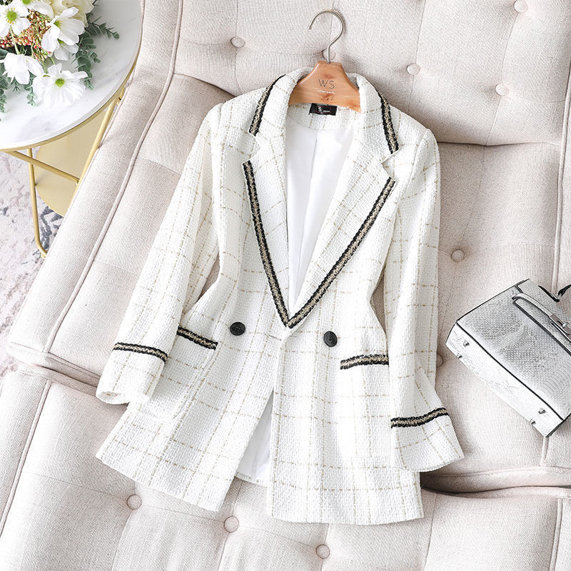 Women's Wool Blends Oversized Plaid Tweed Jacket Korean Fashion Long Sleeve Blazer Coat Office Lady Elegant Single Button Outwear Plus Size 23090