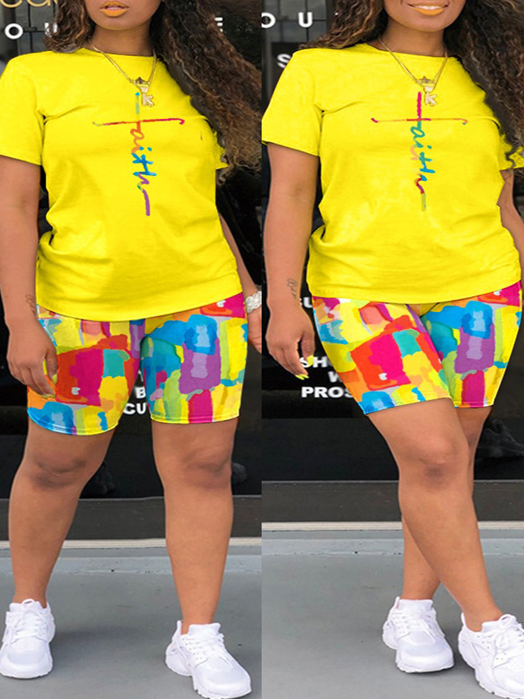 Women's Plus Size Tracksuits Faith Melting Colors All Over Print Casual Top Shorts Set 230905