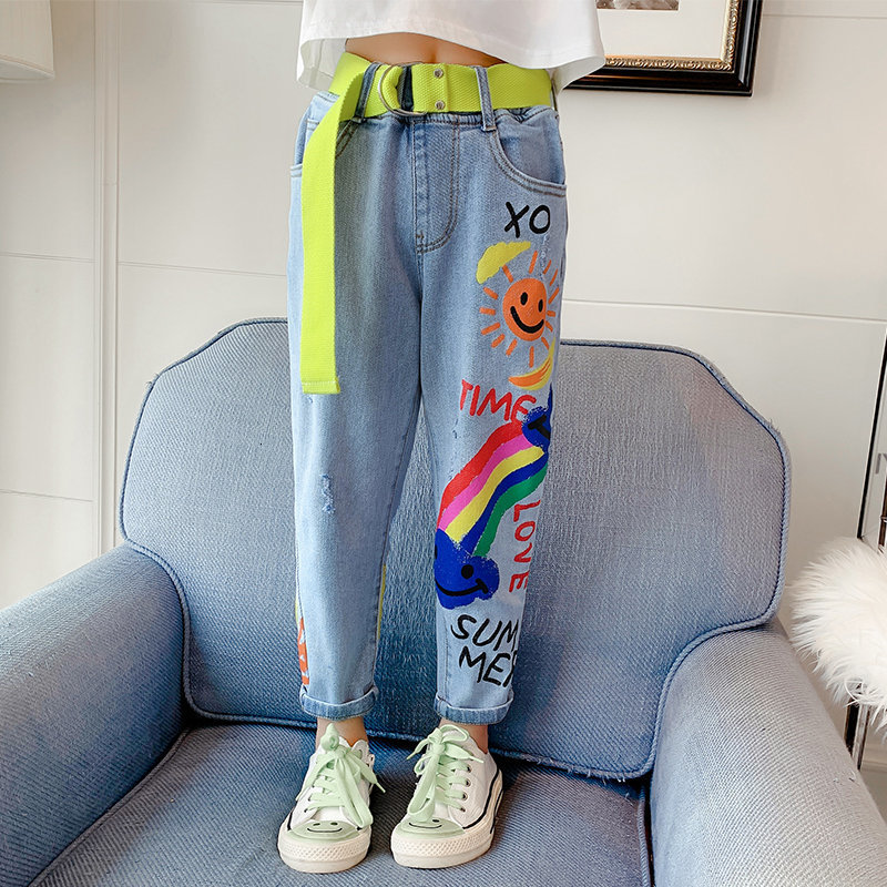 Jeans Deals For Teenage Girls Kids 8 12Yrs High Quality Graffiti Painting Print Casual Pants With A Rainbow Cartoon Trousers 230906