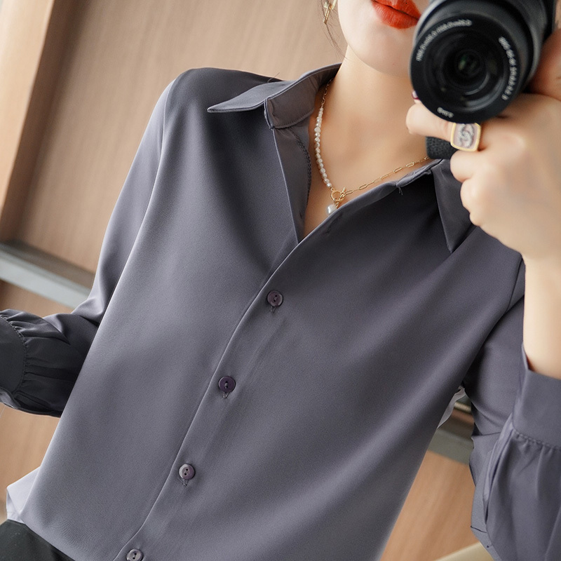 Women's Polos Ladies Silk Cardigan Lapel Solid Satin Shirts Spring Autumn LongSleeve Coat Loose Wild Women Jacket Summer POLO Tops 230905