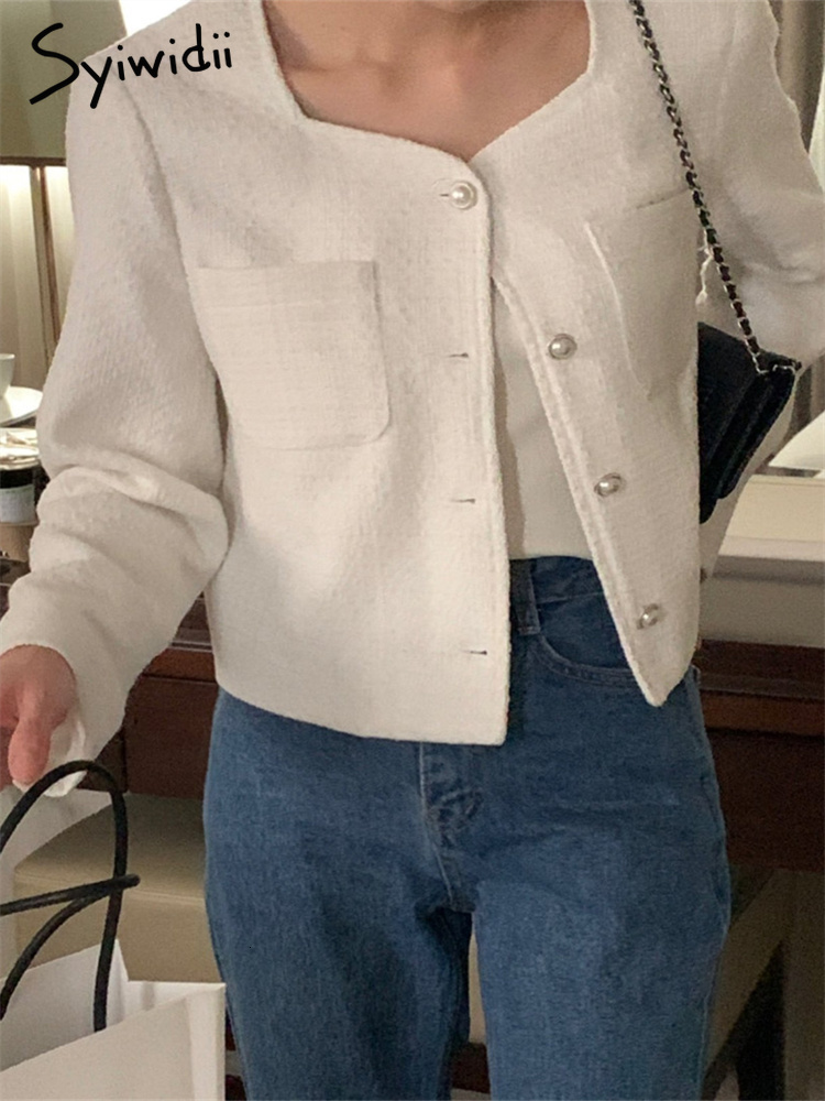 Womens Wool Blends Syiwidii Pockets Coat Women Autumn Winter Fashion Vintage Long Sleeve Coats Casual Button Up Solid Tweed Jacket 230905