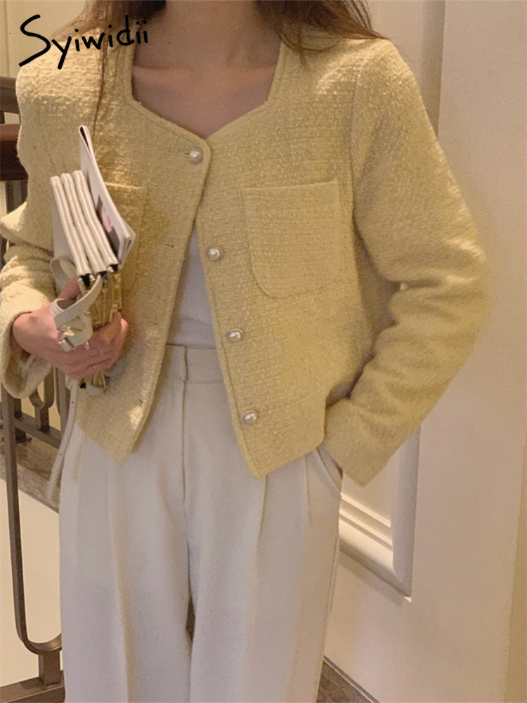 Womens Wool Blends Syiwidii Pockets Coat Women Autumn Winter Fashion Vintage Long Sleeve Coats Casual Button Up Solid Tweed Jacket 230905