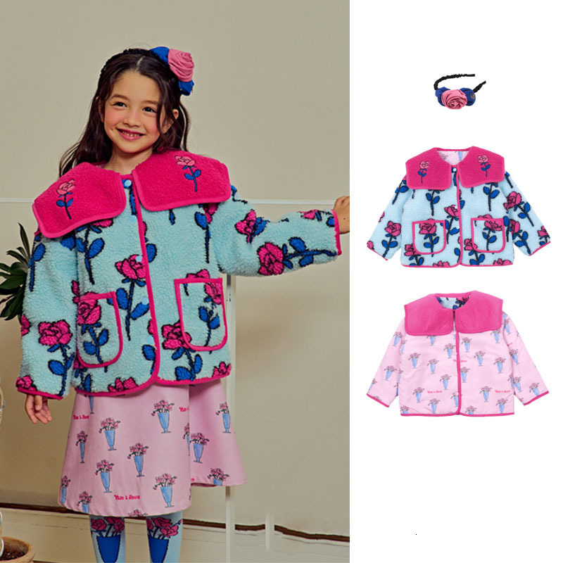 Girl s Dresses 2023 Autumn Winter BEBEBE Girls Style Printed Dress with Blue Rose Polo Collar Lamb Fleece Coat 230906