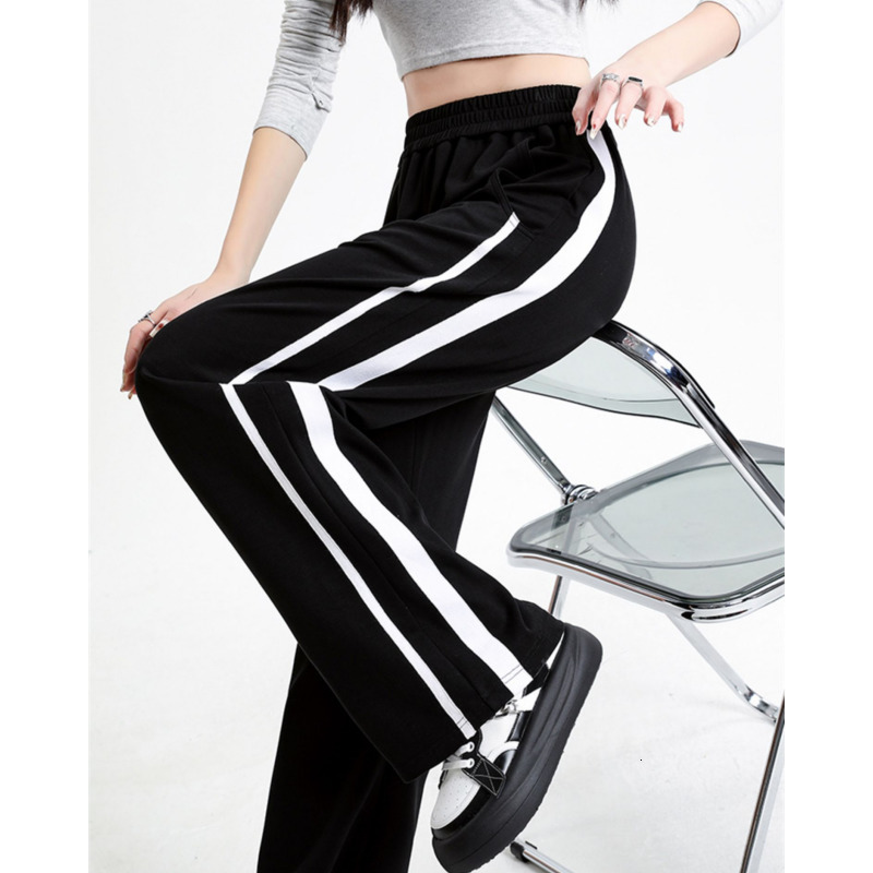 Women's Pants s American retro high street sports wideleg pant's spring autumn stripes waist drape casual black straightleg pants 230905