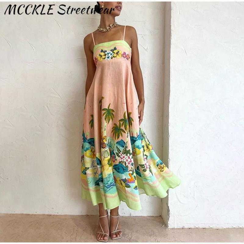 Floral Print Beach Dress Women Midi 2023 Summer Loose Sleeveless Slip Holiday Dresses Casual Chic High Waist Female Robe