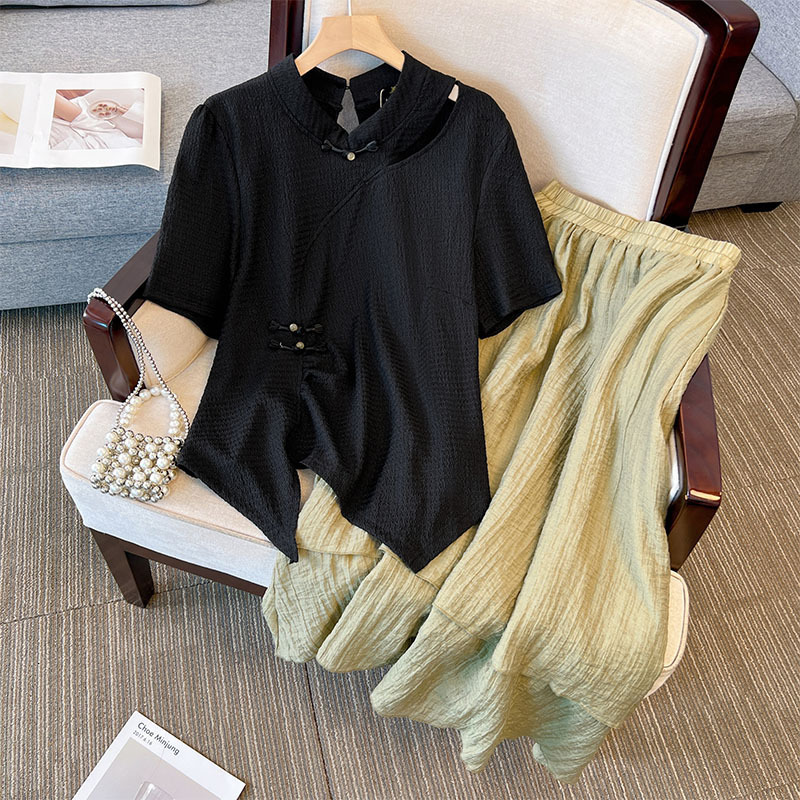 Women's Plus Size Tracksuits 150Kg Bust 143 Summer Loose Short Sleeve Chinese Qipao Style Top Skirt Two Piece Set 2XL 3XL 4XL 5XL 6XL 7XL 230905