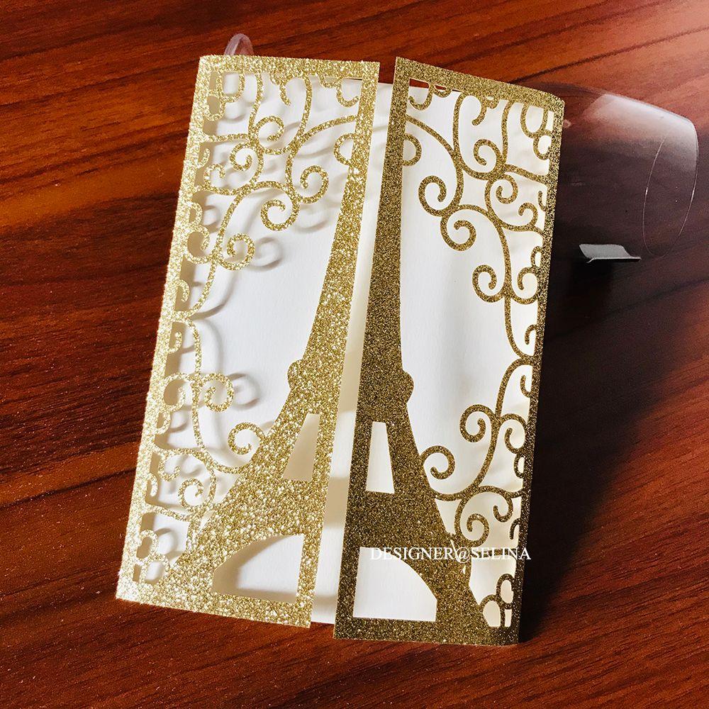 2020 Gold Glitter Eiffel Tower Paris Laser Cut Wedding Invitations with Ribbon Editable Quinceanera Invitation Laser Cut Sweet 16 Invites ZZ
