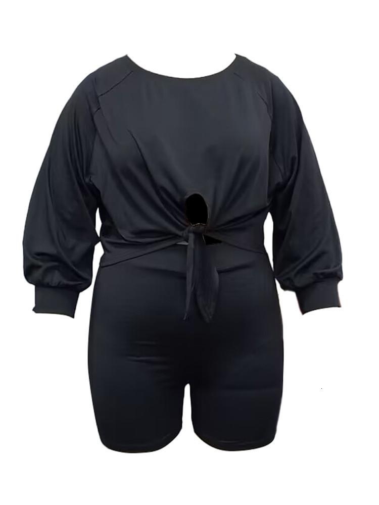 Women's Plus Size Tracksuits Nope Not Today Geo Print Tied Detail Crop Top Shorts Set 230905