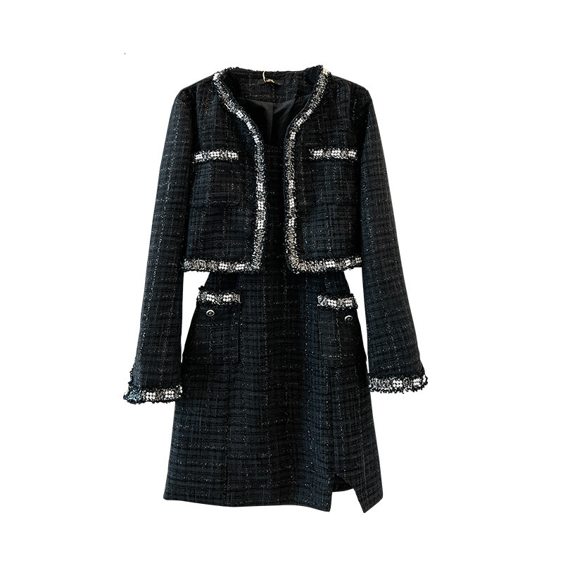 Women's Plus Size Tracksuits 150Kg Bust 150 Autumn Small Fragrant Coat And Strap Dress Two Piece Set Black 5XL 6XL 7XL 8XL 9XL 230905