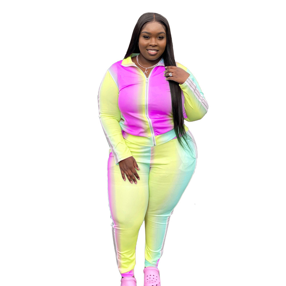 Women's Plus Size Tracksuits Clothe L5xl 2 Piece Set Gradient Patchwork Zip Top Sport Pants Fitness Outfit Activewear Wh 3xl 4xl 5xl 6xl 230905