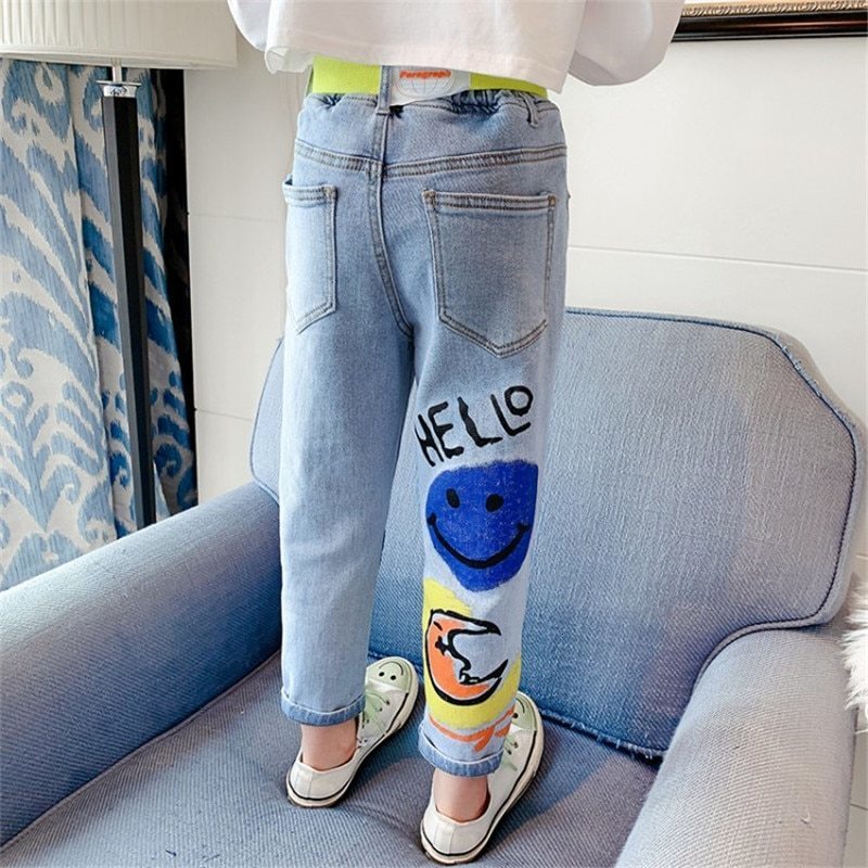 Jeans Deals For Teenage Girls Kids 8 12Yrs High Quality Graffiti Painting Print Casual Pants With A Rainbow Cartoon Trousers 230906