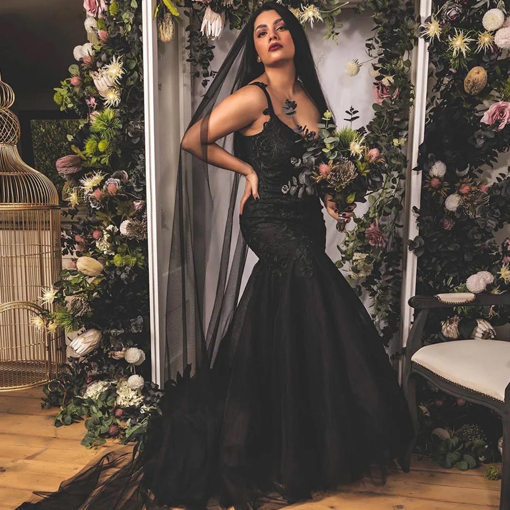 Black Wedding Dresses Bridal Gowns Mermaid Trumpet Scoop Sleeveless Applique Tulle New Custom Plus Size Zipper Lace Up