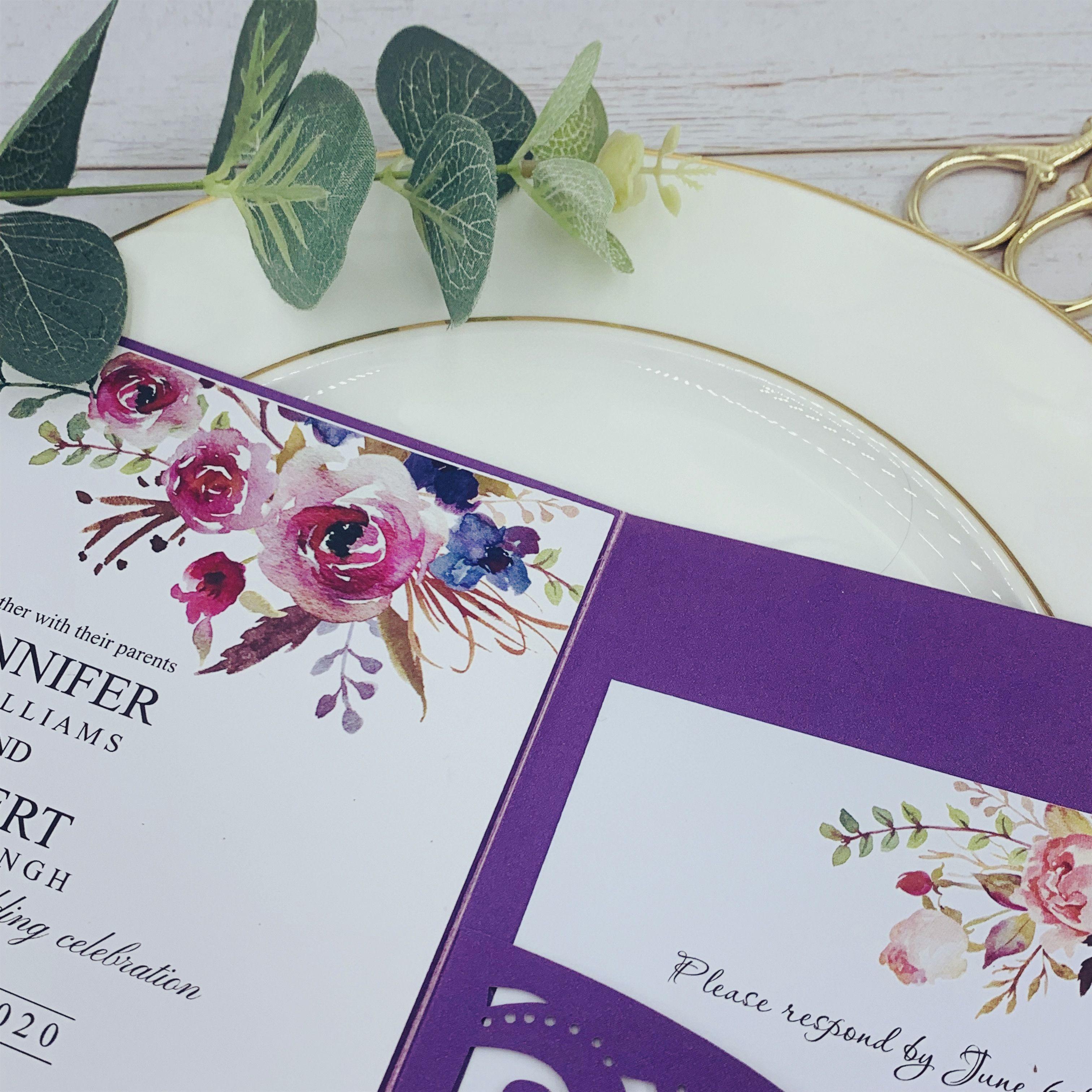 Wedding Invitations Classic Fall Magenta Shades Of Purple Floral Pocket Laser Cut Invitations With Envelope ZZ