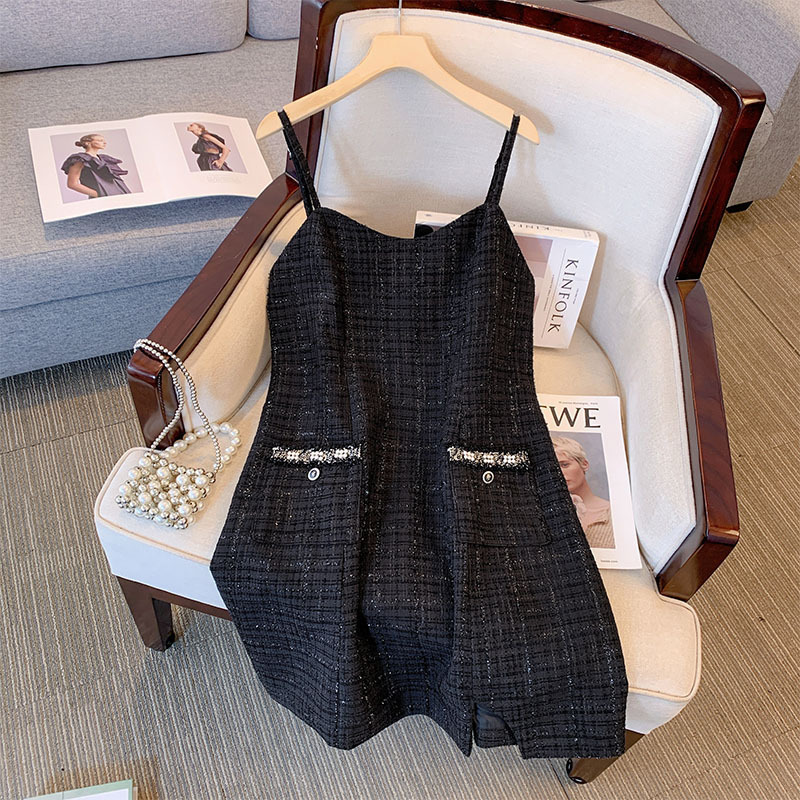 Women's Plus Size Tracksuits 150Kg Bust 150 Autumn Small Fragrant Coat And Strap Dress Two Piece Set Black 5XL 6XL 7XL 8XL 9XL 230905