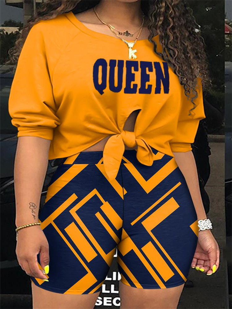 Women's Plus Size Tracksuits Nope Not Today Geo Print Tied Detail Crop Top Shorts Set 230905