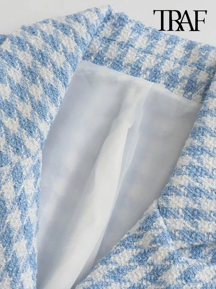 Women's Suits Blazers TRAF Women Fashion Houndstooth Double Breasted Tweed Blazer Coat Vintage Long Sleeve Flap Pocket Female Outerwear Chic Vest