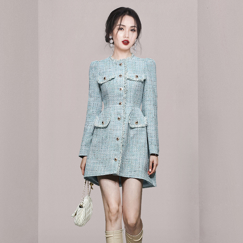 Womens Wool Blends Autumn Winter Woolen Coat Women tweed O Neck Singlebreasted Slim Outer Wear Korean Style Jacket Mini Dress 230905