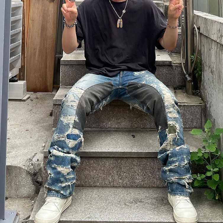 Ripped Denim Pants Vintage Do Old Black Blue Casual Straight Leg Jeans For Men Women Summer Fashion Clothing