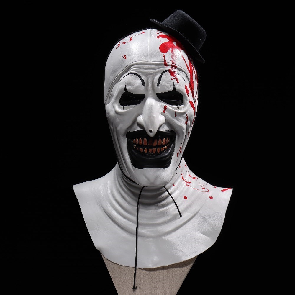 Mas Bloody Terrifier Art The Clown Mask Cosplay Creepy Horror Demon Evil Joker Hat Latex Helmet Halloween Party Costume Props