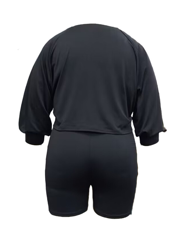 Women's Plus Size Tracksuits Nope Not Today Geo Print Tied Detail Crop Top Shorts Set 230905