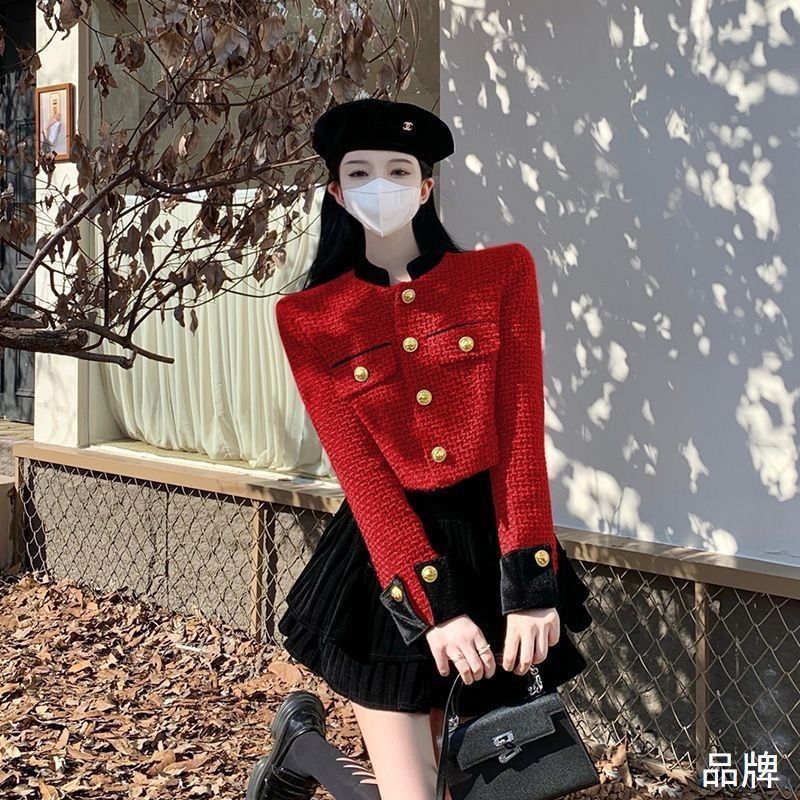 Women's Wool Blends Chic tweed short coat women vintage fashion single breasted cardigan long sleeve top fall high street casual jacket women 230