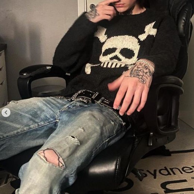Men s Sweaters Gothic Sweater Skull Graphic Knitwear Hip Hop Punk Pullover Retro Vintage Long Sleeve Women s Top Oversize Y2K Clothes 90s 230906
