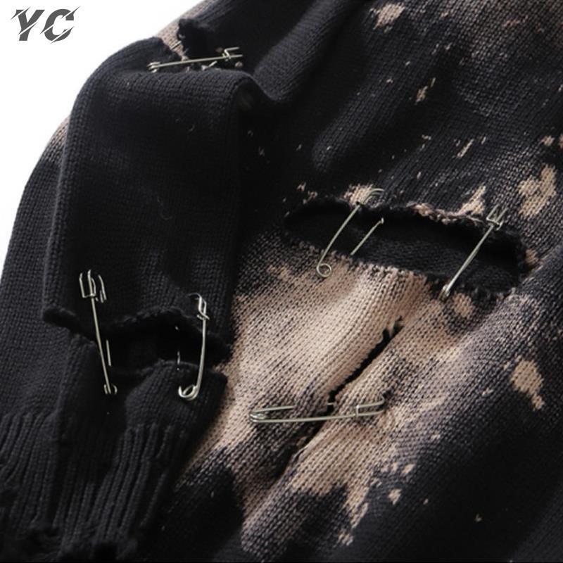 Men's Sweaters Hip Hop Hole Oversized Sweater Y2k Pullovers Unisex Tie Dye Pins Ripped High Street Winter Harajuku Jumpers BF 230905