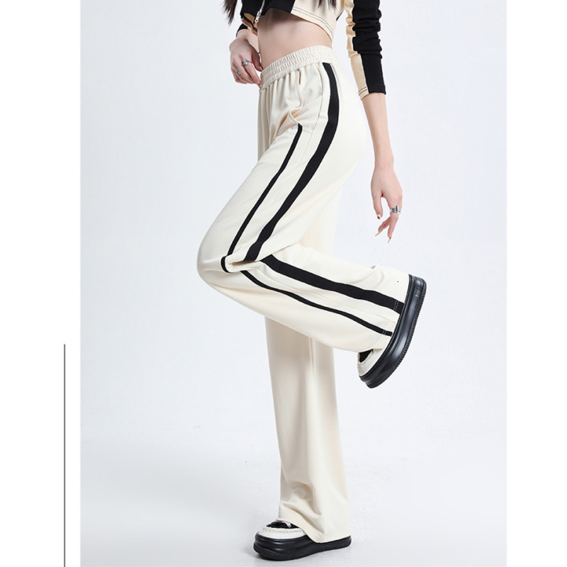 Women's Pants s American retro high street sports wideleg pant's spring autumn stripes waist drape casual black straightleg pants 230905