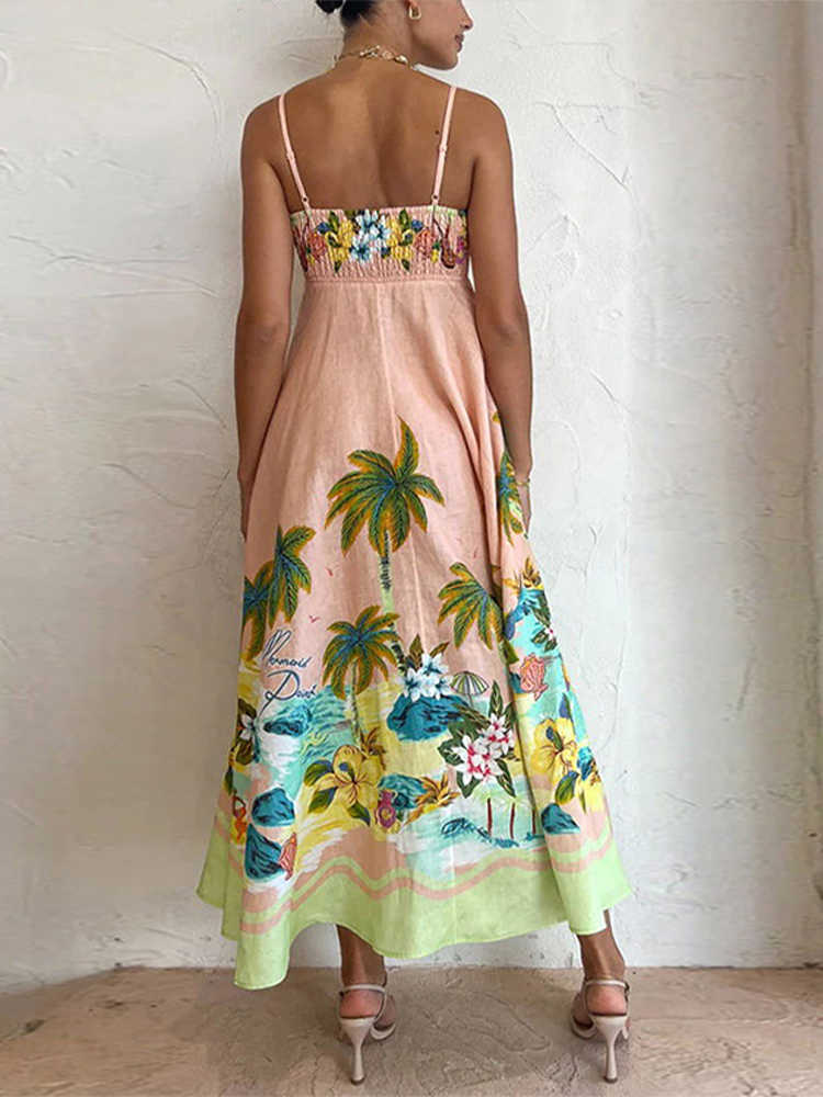 Floral Print Beach Dress Women Midi 2023 Summer Loose Sleeveless Slip Holiday Dresses Casual Chic High Waist Female Robe