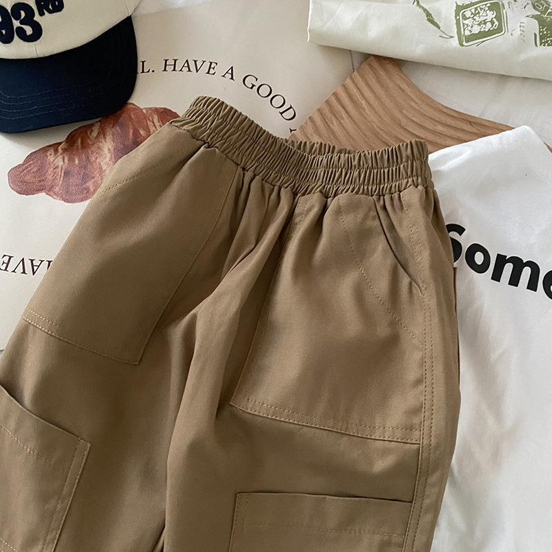 Trousers Spring Kids Solid Color Cargo Pants Girls Big Pockets Casual Boys Loose Straight 230906