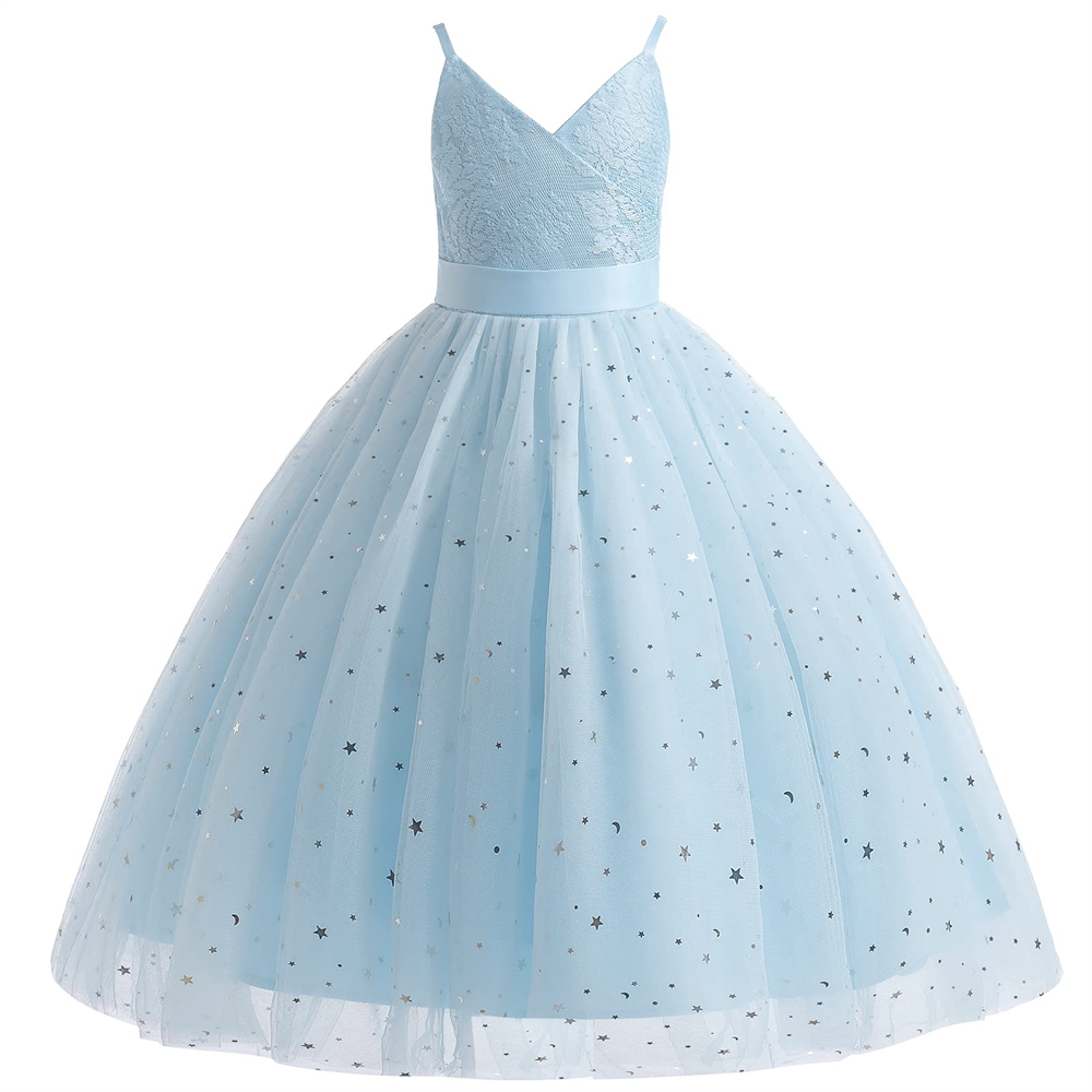 Pretty Princess Sequins Lace Flower Girl Dresses V-Neck Backless A-Line Tulle Bow Girls Pageant Gown Communion For Wedding Formal Party F03