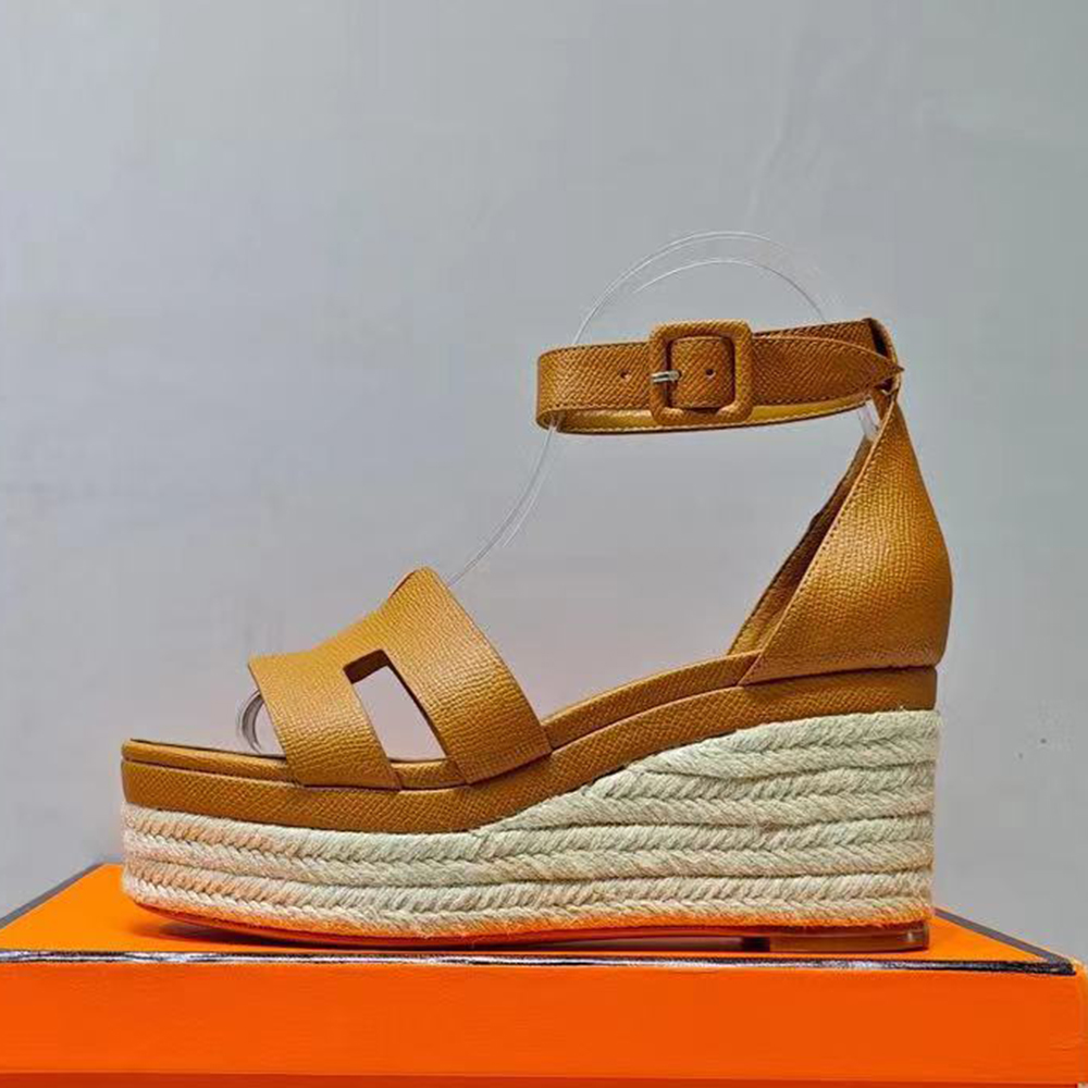 Wedge platform women's sandals Genuine leather ankle strap Straw muffin leather outsole Party evening shoes luxury designer flat shoes factory footwear with box