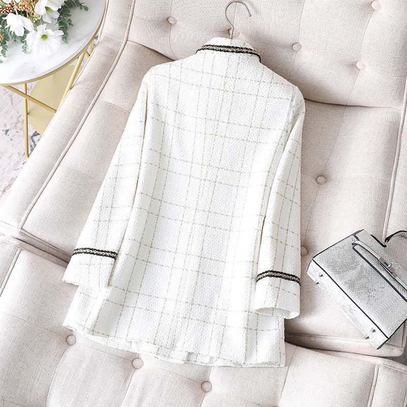 Women's Wool Blends Oversized Plaid Tweed Jacket Korean Fashion Long Sleeve Blazer Coat Office Lady Elegant Single Button Outwear Plus Size 23090