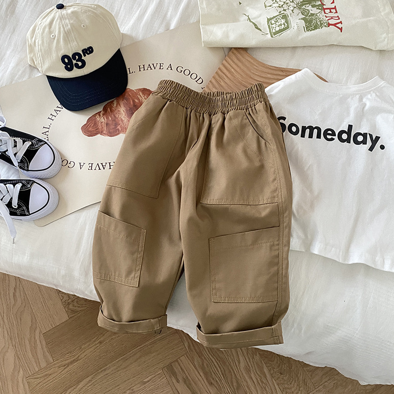 Trousers Spring Kids Solid Color Cargo Pants Girls Big Pockets Casual Boys Loose Straight 230906