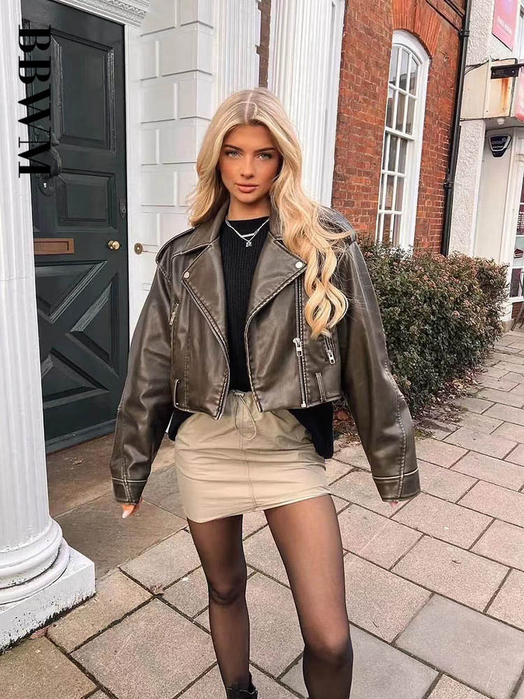 Womens Jackets PU Retro Zipper Belt Motorcycle Street Jacket Spring Chic Short Long Sleeve Slim Fit Female Tops 230906