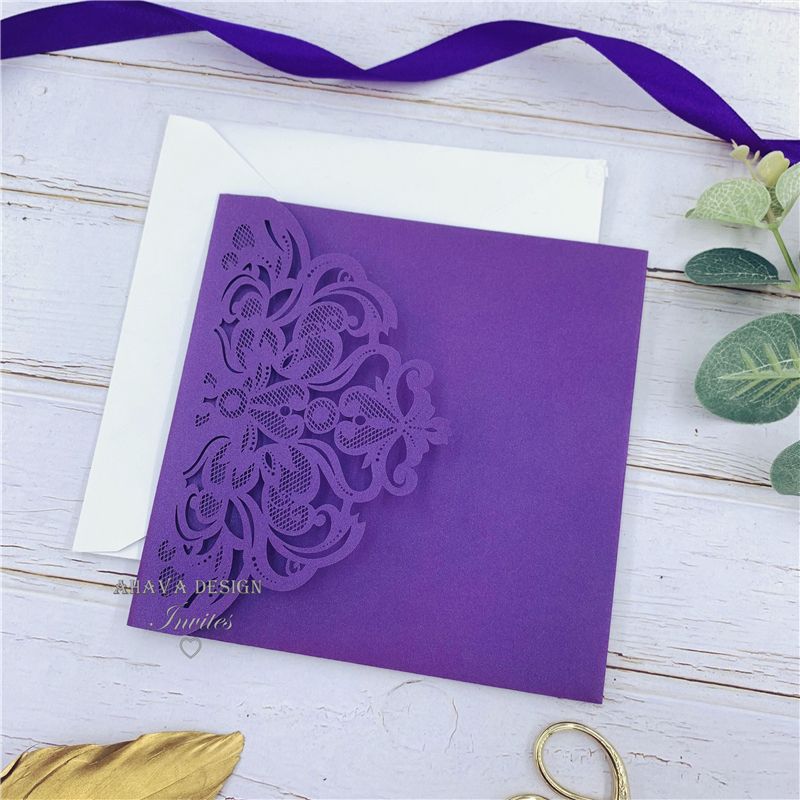 Wedding Invitations Classic Fall Magenta Shades Of Purple Floral Pocket Laser Cut Invitations With Envelope ZZ
