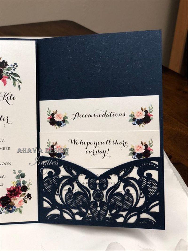 Navy Blue Printable Wedding Invitation Kit with Butterfly Laser Cut Princess Invitations for Birthday Business Graduation Marriage Party ZZ