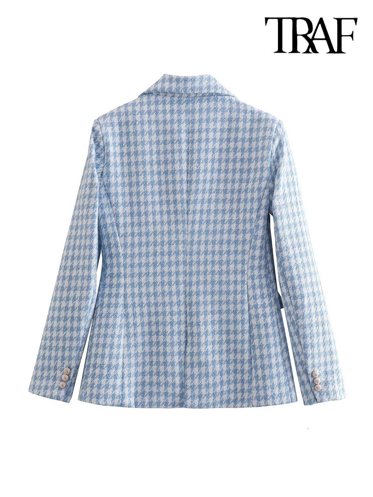 Women's Suits Blazers TRAF Women Fashion Houndstooth Double Breasted Tweed Blazer Coat Vintage Long Sleeve Flap Pocket Female Outerwear Chic Vest